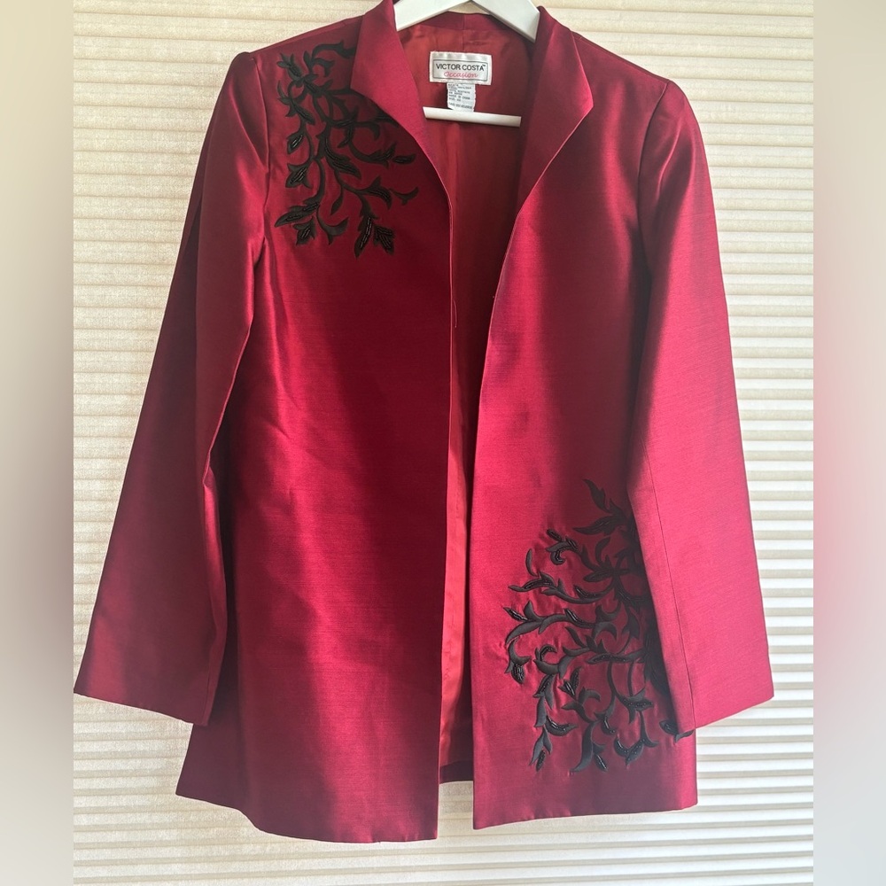 Victor Costa Womens Red Blazer Jacket Embroidered Beaded Dressy Size XS